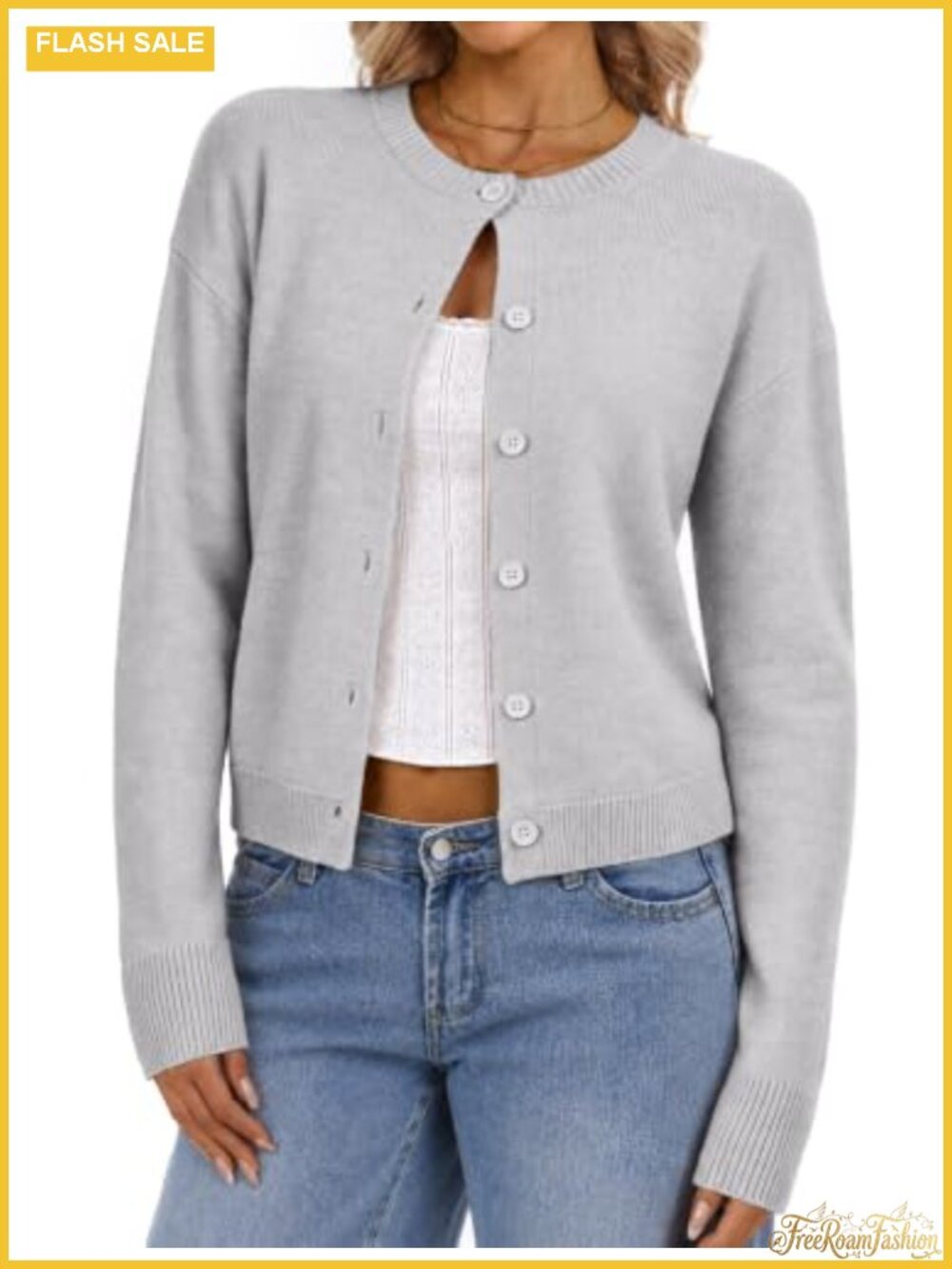 Cropped Cardigan Sweater Crew Neck Button Front Lightweight Knit